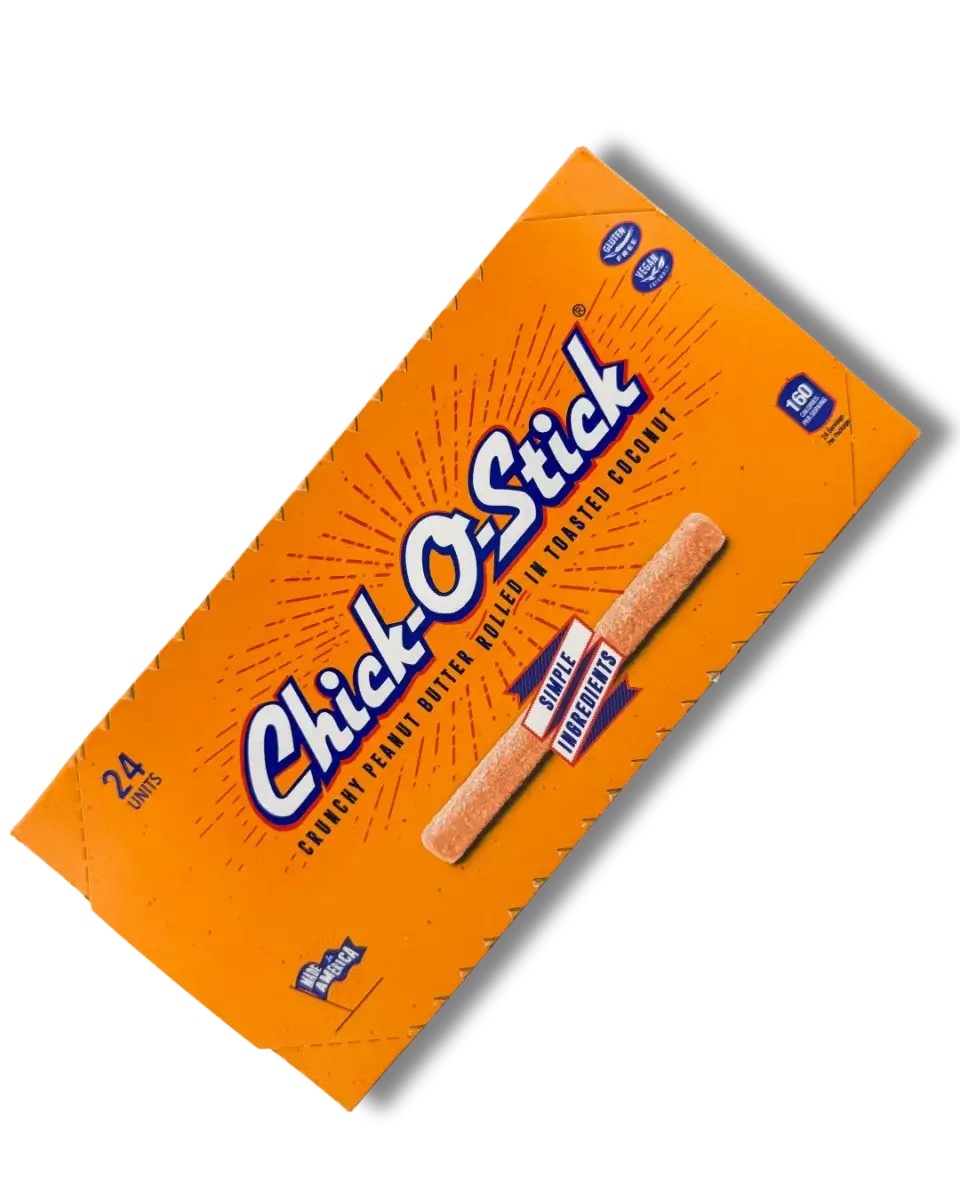 10 Grown-Up Halloween Candies We’re Keeping for Ourselves - 4 Rectangular orange box of Chick-O-Stick candy, labeled “Crunchy Peanut Butter Rolled in Toasted Coconut,” with an image of the candy stick and nutrition info—a nostalgic Halloween candy that deserves a mention in any grown-up guide to Halloween treats.