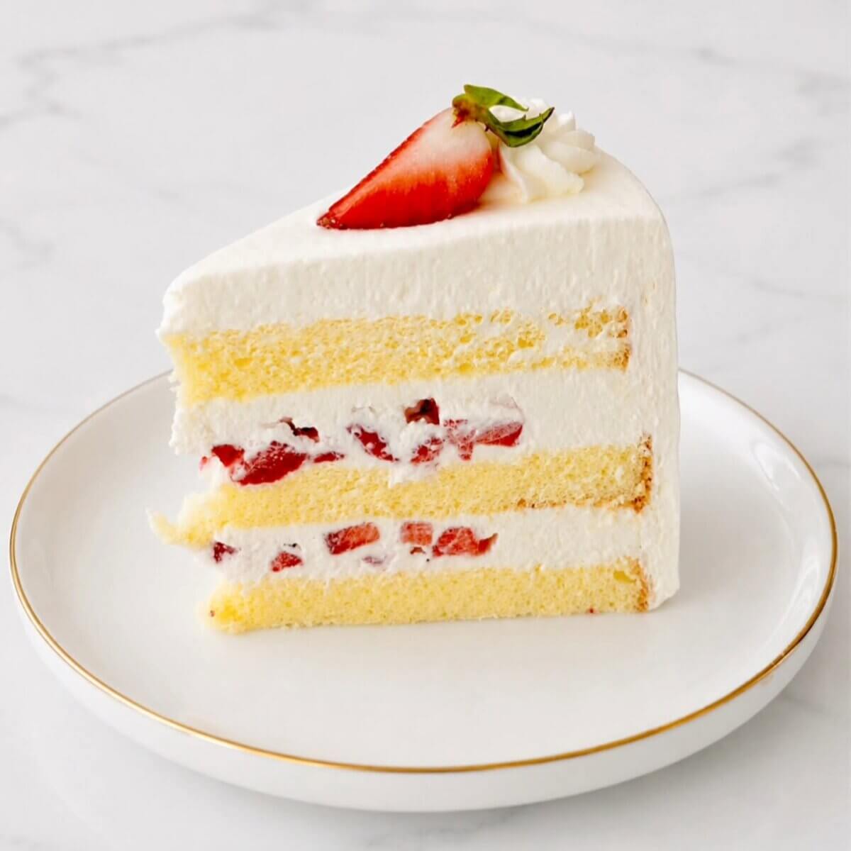 A slice of layered sponge cake with whipped cream and strawberries, topped with a strawberry half, served on a white plate with a gold rim—a delightful dessert often featured on the new menus of popular Louisville restaurants.
