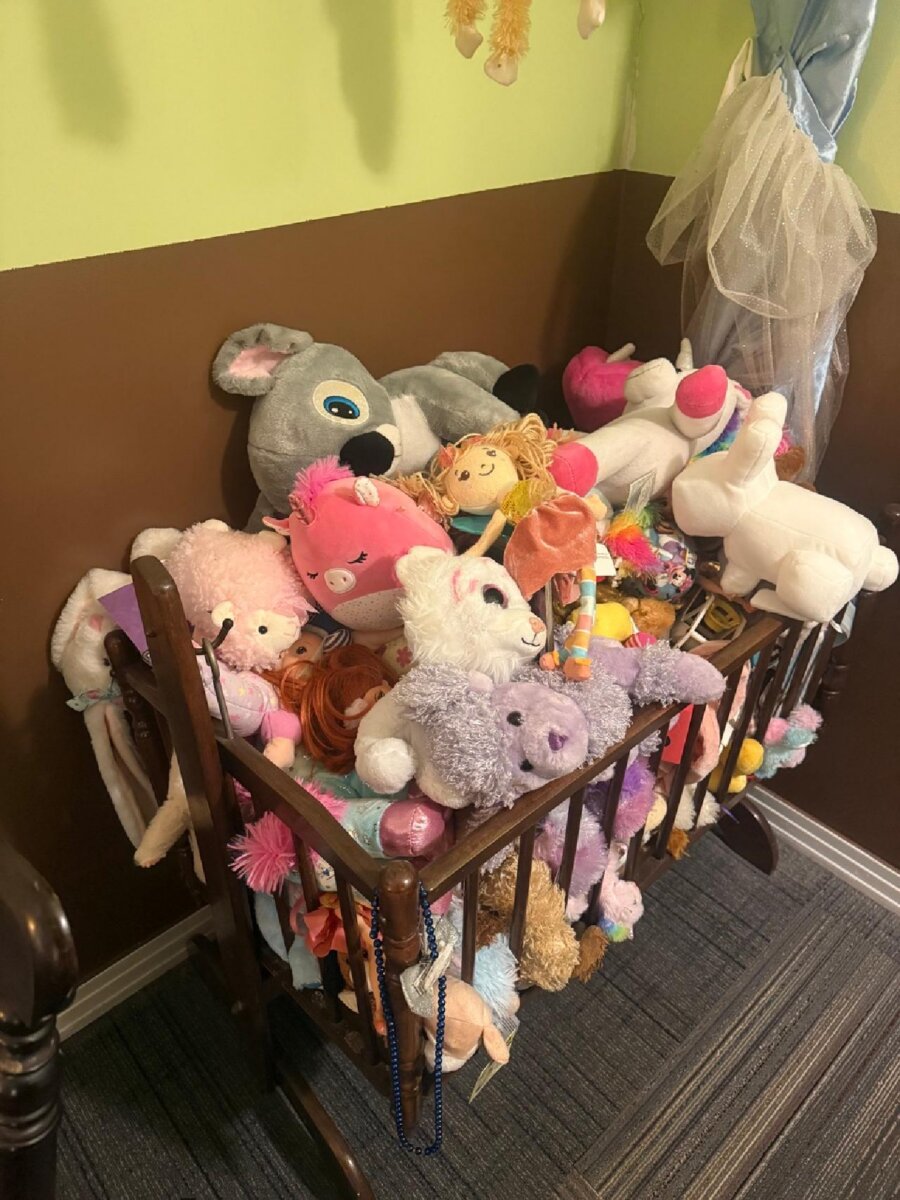 A wooden cradle filled with various stuffed animals and plush toys, including a unicorn, a donkey, and several dolls, sits in a room with green and brown walls and a carpeted floor—evoking the nostalgic charm often found in the most haunted hotels of the South.