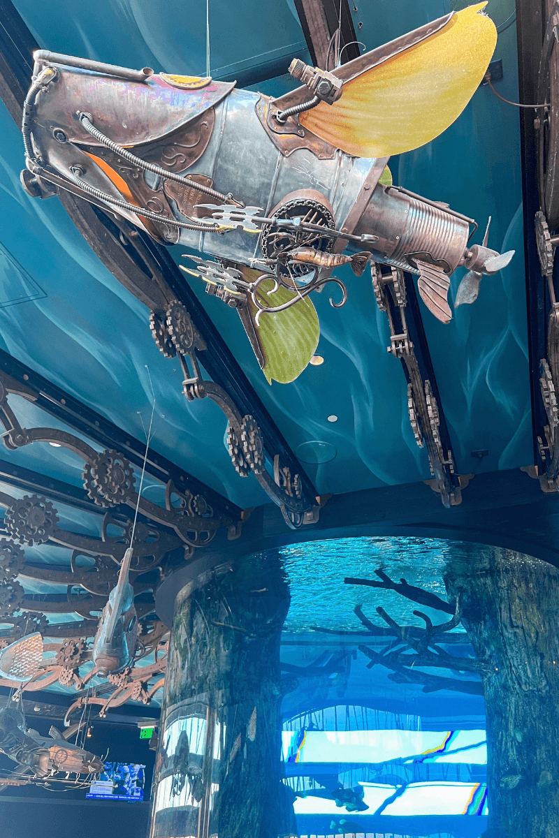 Did You Know You Could Spend the Night in the Memphis Pyramid? - 6 Metallic fish sculptures with yellow fins hang from a blue ceiling above a large aquarium with tree roots and aquatic scenery visible inside.