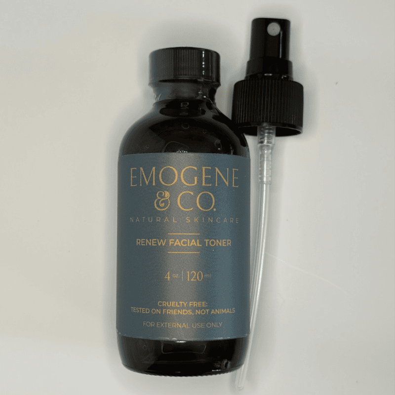 A bottle of Emogene & Co. Renew Facial Toner with a detached spray nozzle, labeled cruelty free and for external use only, 4 oz (120 ml). Featured in Nashville FINDS this September.
