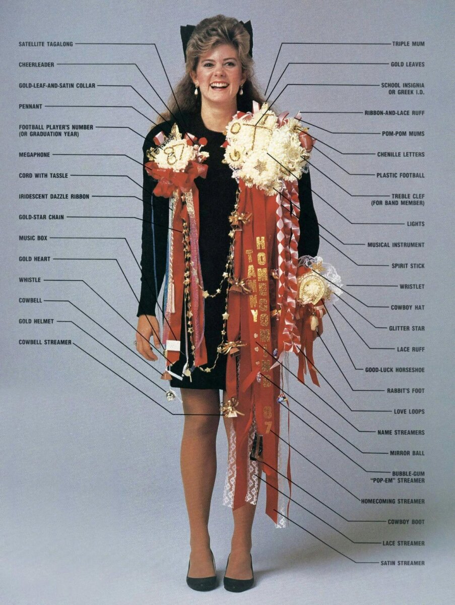 The Bigger the Better! How Texas Homecoming Mums Got So Huge - 4 Smiling person in a black dress adorned with large decorative mums, ribbons, charms, and various labeled accessories traditionally worn for homecoming—a striking display of the Texas Homecoming Mums that celebrate this beloved Texas tradition.