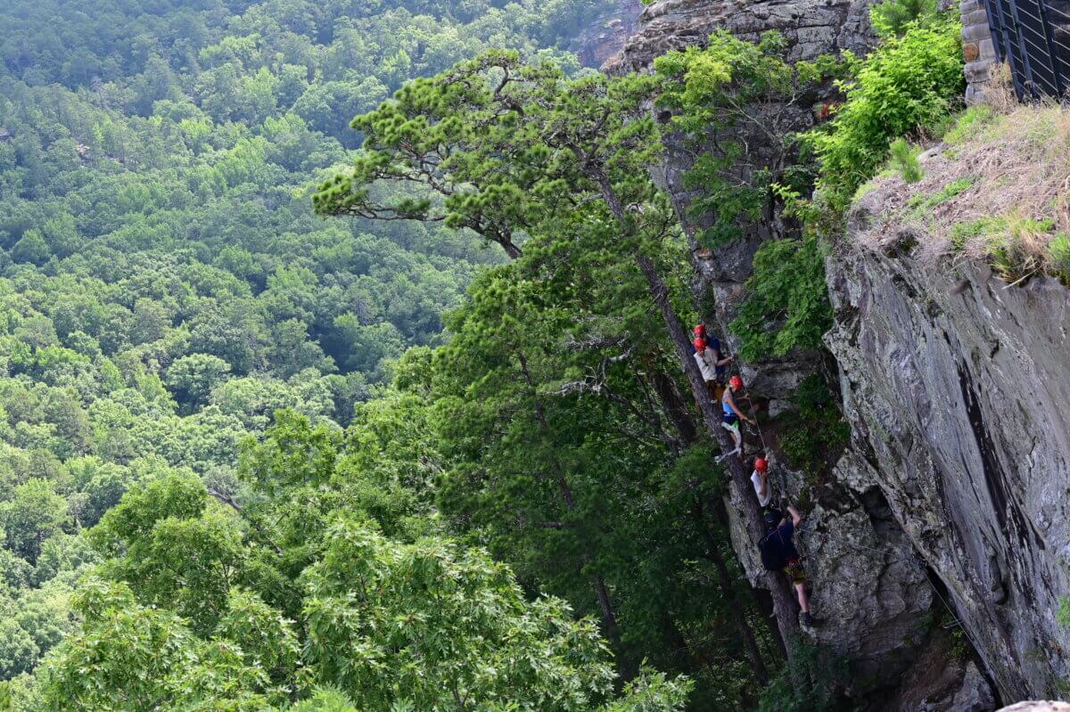 5 NEW Hikes to Explore Around the South - 3 A group of people wearing helmets and harnesses climbs a steep, rocky cliff surrounded by dense green forest along the new via ferrata at Petit Jean State Park.