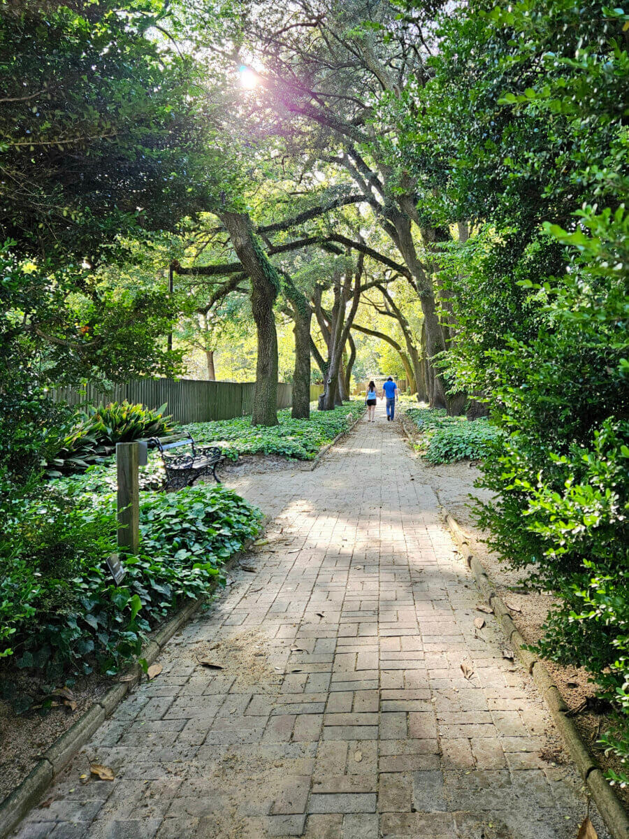 Two people walk away on a sunlit brick path surrounded by green trees and plants, with benches and a wooden fence visible along the way, capturing a scene full of Southern charm and peaceful ambiance.