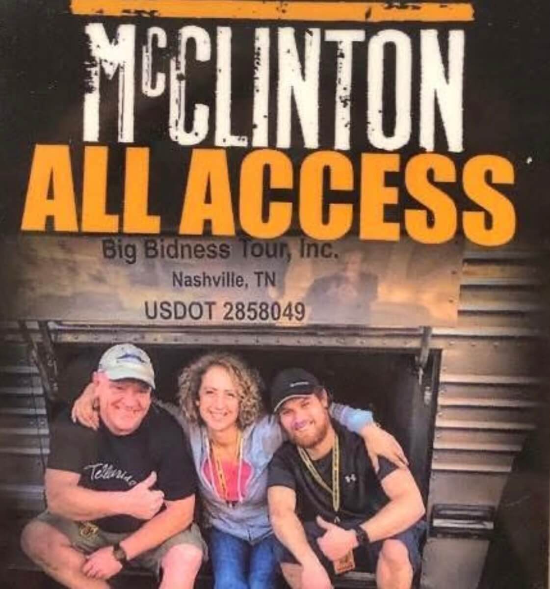 Three people pose smiling in front of a sign reading “McClinton All Access” with additional tour and location details listed below, including a mention of Molly Reed and her support for Nashville Cat Rescue.