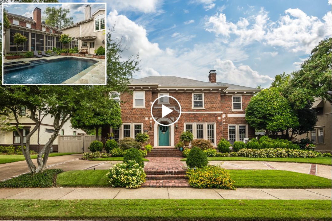 Two-story brick house with manicured lawn and garden located at 1520 Vance Ave, Memphis TN; inset shows fenced backyard with rectangular swimming pool and patio area.