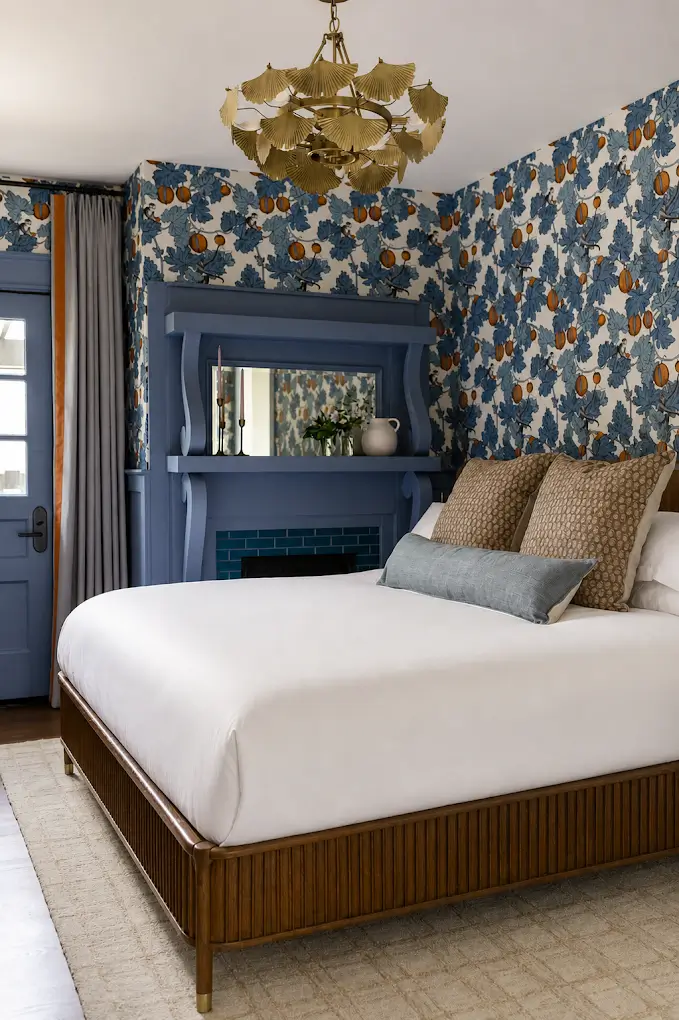 A bedroom reminiscent of Nashville boutique hotels features a wooden bed, white bedding, blue floral wallpaper, a blue fireplace mantel with a mirror, and a gold chandelier.