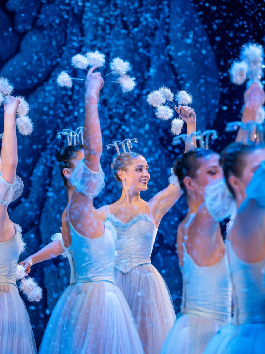 The Top Things To Do in Birmingham - 2 Ballet dancers in white costumes perform on stage with faux snow falling, holding white pom-pom props, against a blue, wintry backdrop.