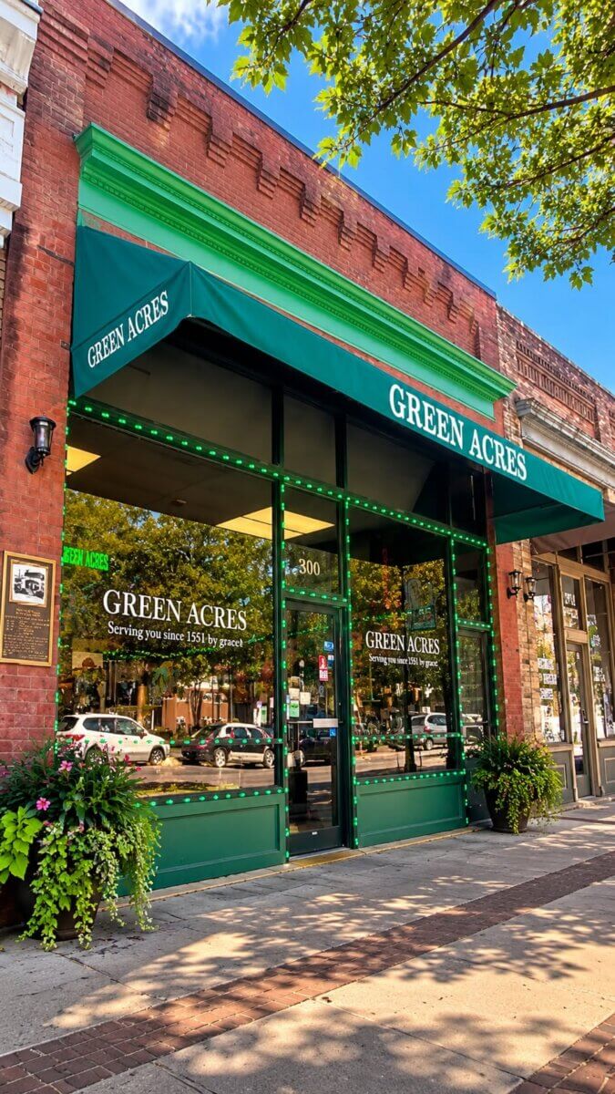 Your Guide to Birmingham's Historic 4th Avenue Historic District - 2 Storefront of Green Acres in the Birmingham 4th Avenue District, featuring a green awning and matching window lettering at 300.