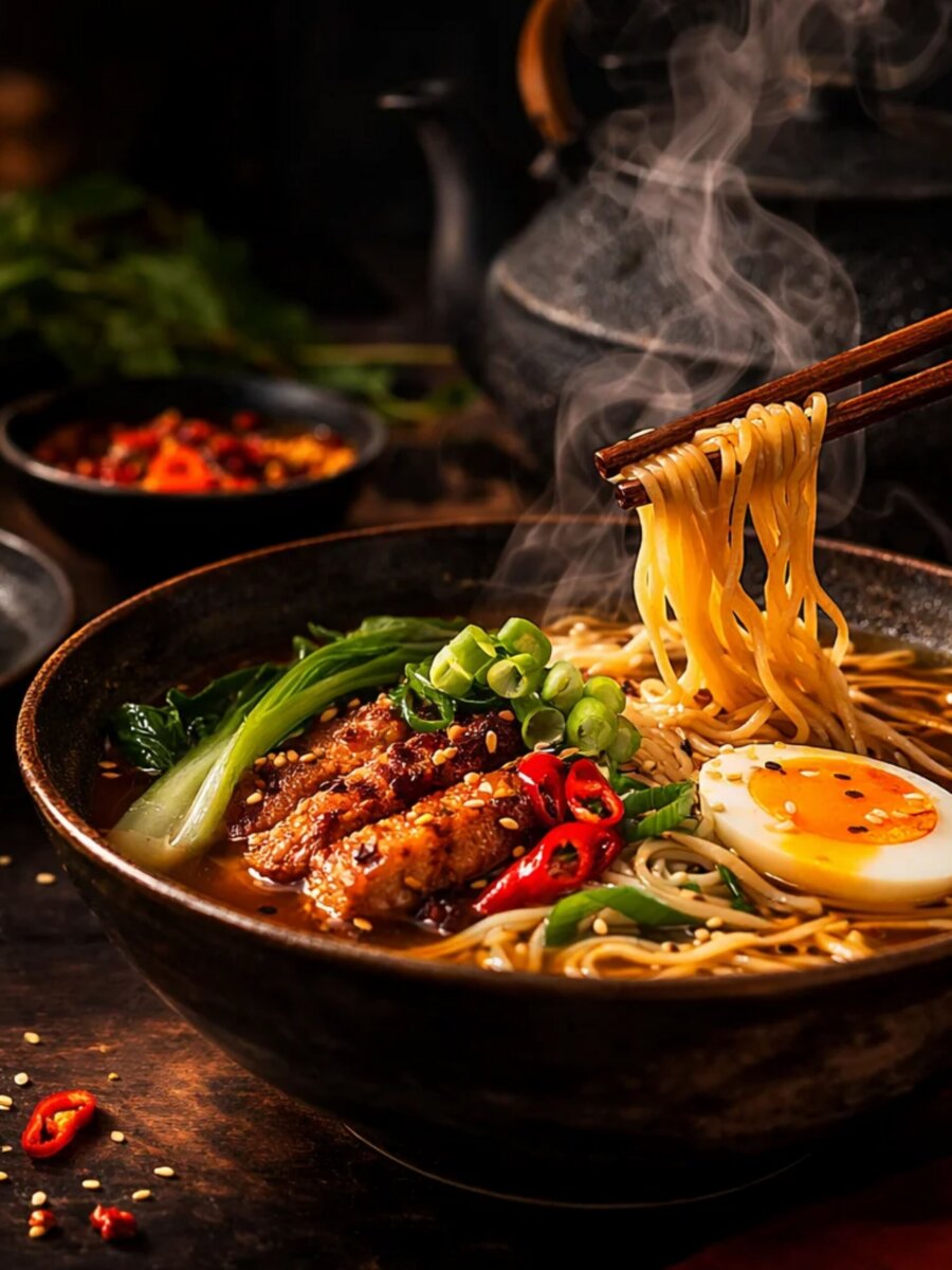 A bowl of steaming ramen from one of the new Louisville restaurants, featuring sliced meat, a soft-boiled egg, greens, and chili peppers as noodles are lifted by chopsticks.